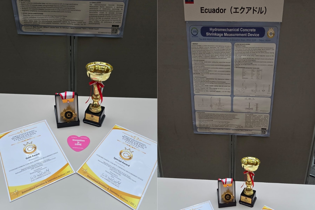 Innovación ecuatoriana premiada en Japón Dispositivo hidromecánico para medir retracción del hormigón